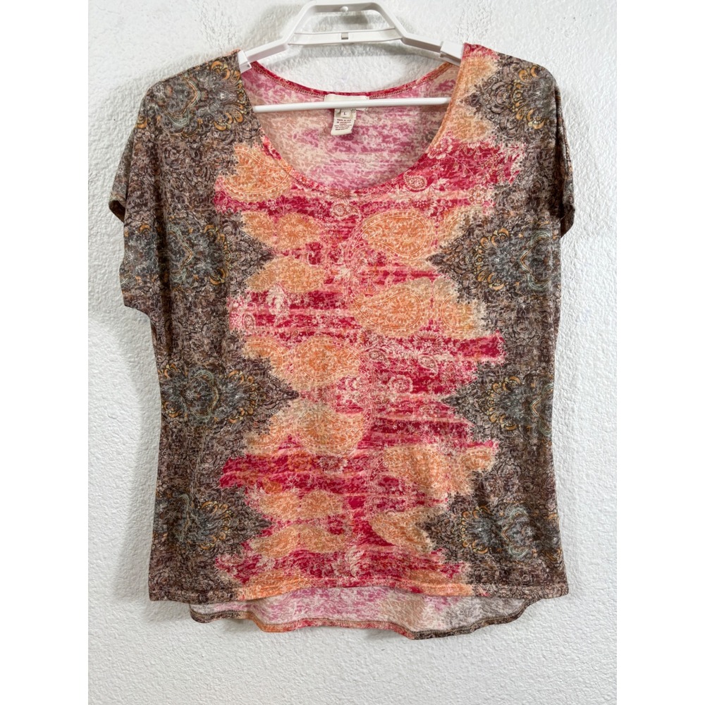 Sundance Top Large Pink Orange Brown Paisley Medallion‎ Short Sleeve Semi Sheer